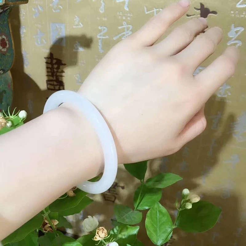 Send Certificate Natural Xinjiang Hetian White Jade Carved 54-62mm Thin Round Bar Bracelet Exquisite Princess Gift | Украшения и