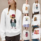 Женский Повседневный Модный милый белый пуловер, рубашка, милая Осенняя теплая толстовка с длинными рукавами и круглым вырезом из серии Мишка Тедди с мультяшным принтом