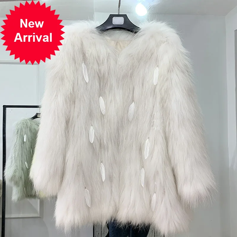 

Long Fur Coat for Women 2021 Winter New Faux Fox Fur Mid-Length Slimming Feather Tassel Streetwear Overcoats Lady Pink Grey