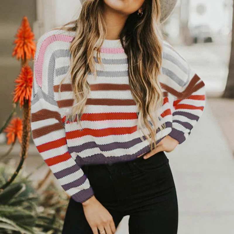 Женский вязаный свитер Модный Полосатый Контрастный ЦВЕТНОЙ Повседневный