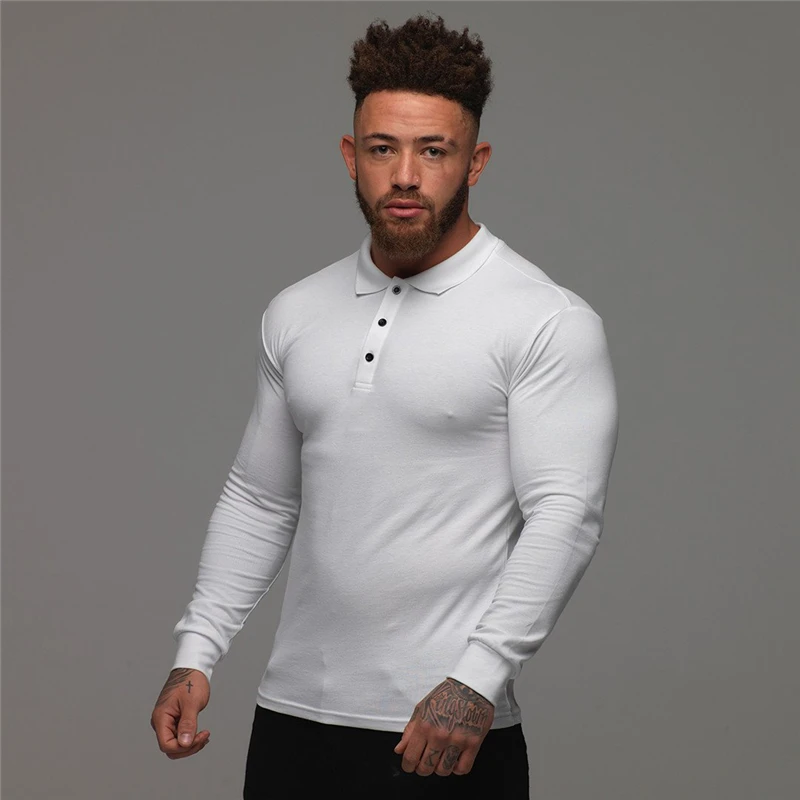 

Autumn Long Sleeve Polo Shirt Men Slim Fit Turn-over Collar Fashion Casual Cotton Breathable Solid Color Business Polo Shirt