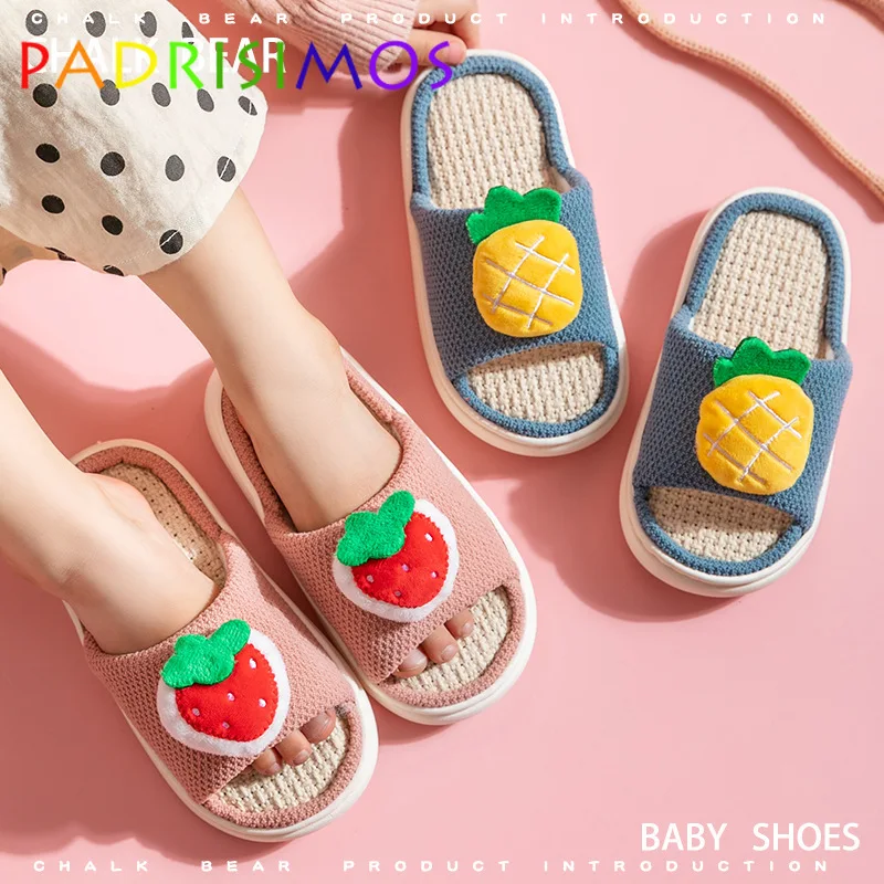 

PADRISIMOS Children's Cotton Slippers Fruit Linen Children's Cotton Linen Autumn And Winter 2021 New Parent-child Slippers JKL.
