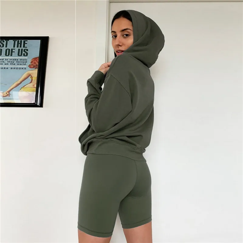 

2 PC Set For Women Tracksuit 2021 Casual Hooded Loose Sweatshirt Sports Suit Ladies Home Shorts Set Autumn Winter ensemble femme