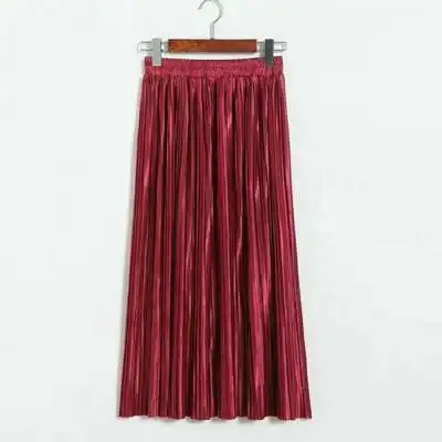 Wine red 16 Цвета золотого, серебряного цвета Винтаж длинные плиссированные юбки элегантный металлический Jupe женские, с завышенной талией повседневные свободные макси юбки Faldas Saias - Цвет: Wine red
