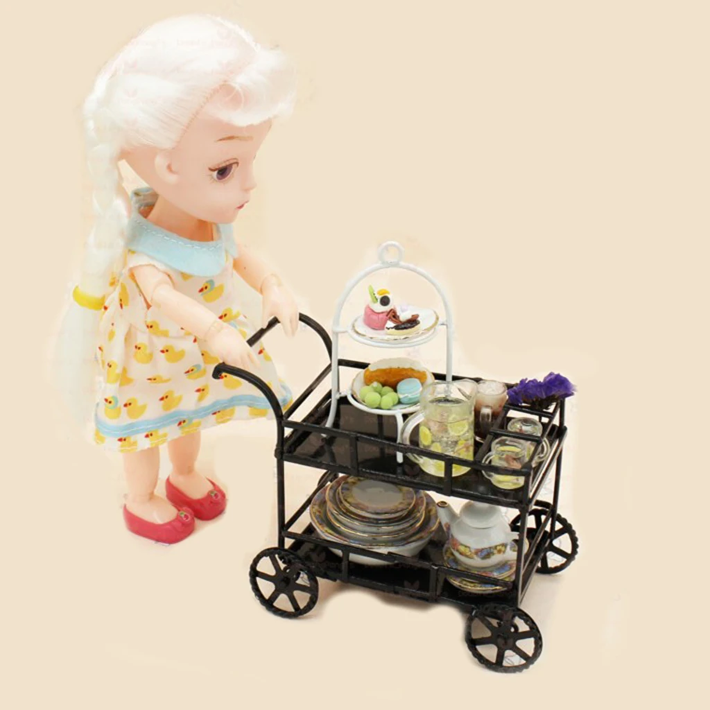 

1/12 Miniature 2-layer Dining Black Food Cart Dollhouse Kitchen Furniture