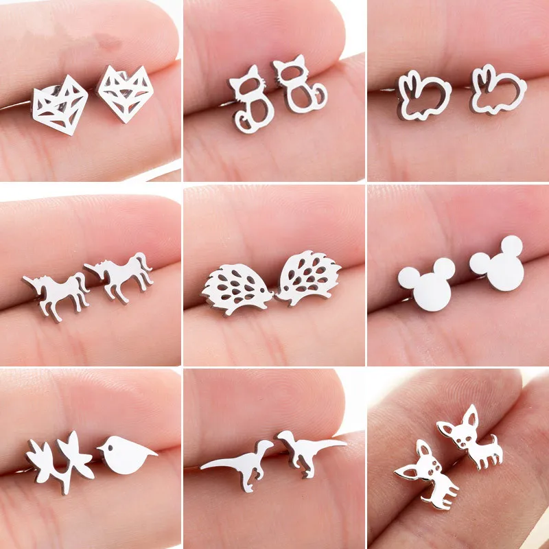 

Stainless Steel Mickey Stud Earrings for Women Girls Minimalist Fox Cat Hedgehog Earings Jewelry Animal Accessories Gifts