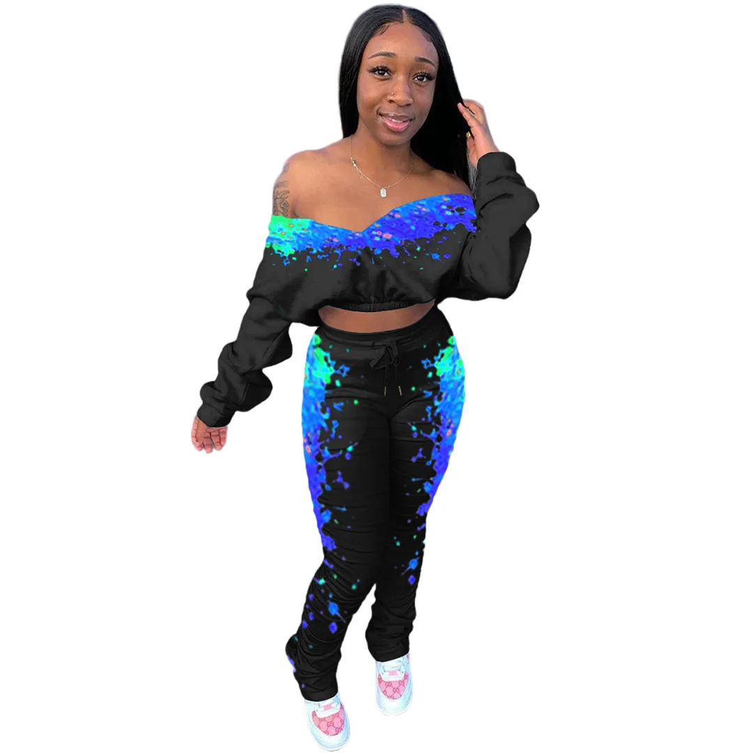 

Long Sleeves Graffiti Print V-Neck Crop Tops & Stacked Leggings New Autumn Women Suit Hot Style Model 2 Piece Set