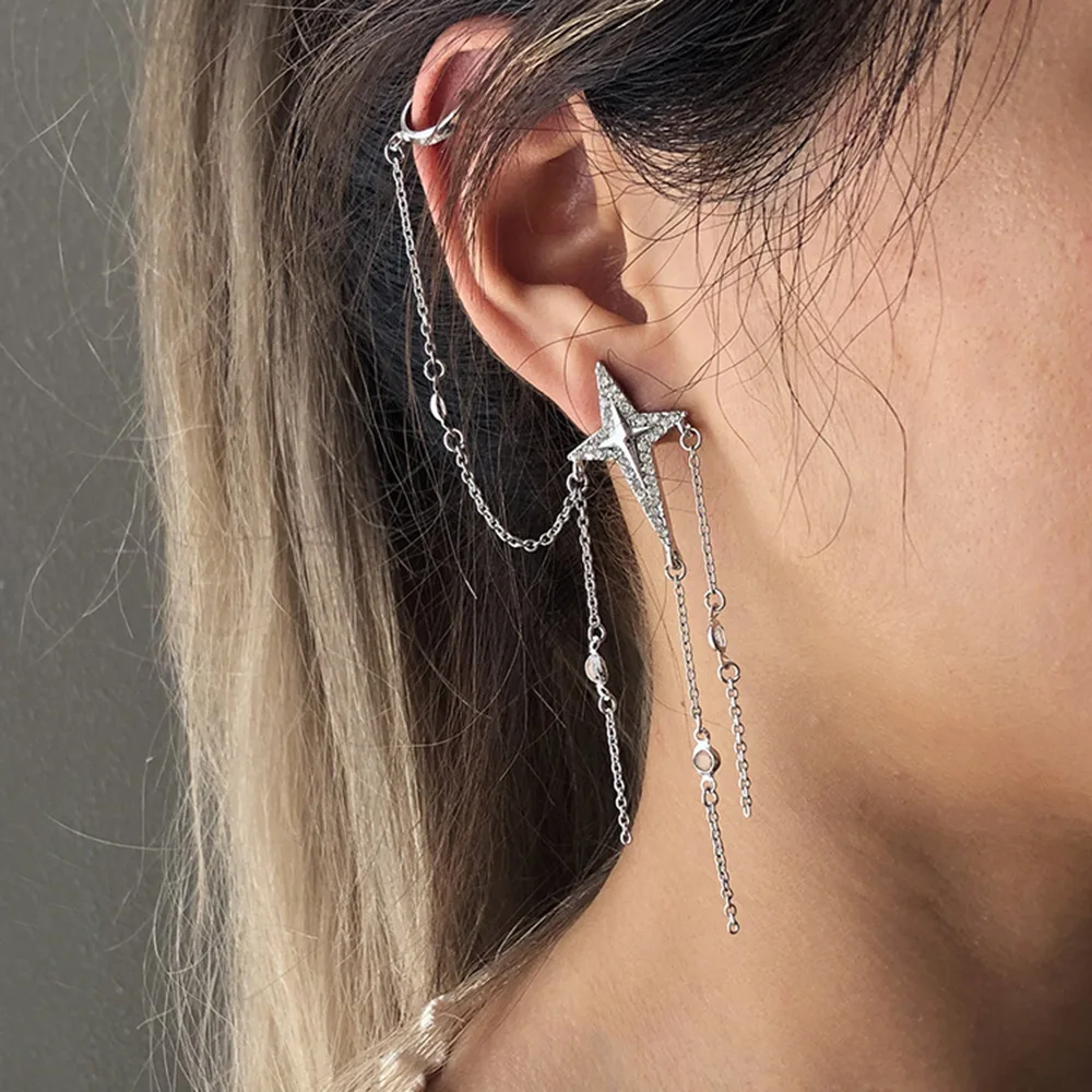 

Star Rhinestone Chains Tassel Earrings for Women Gothic Punk Exaggeration Modern Metal Earrings Ear Cuff Jewelry