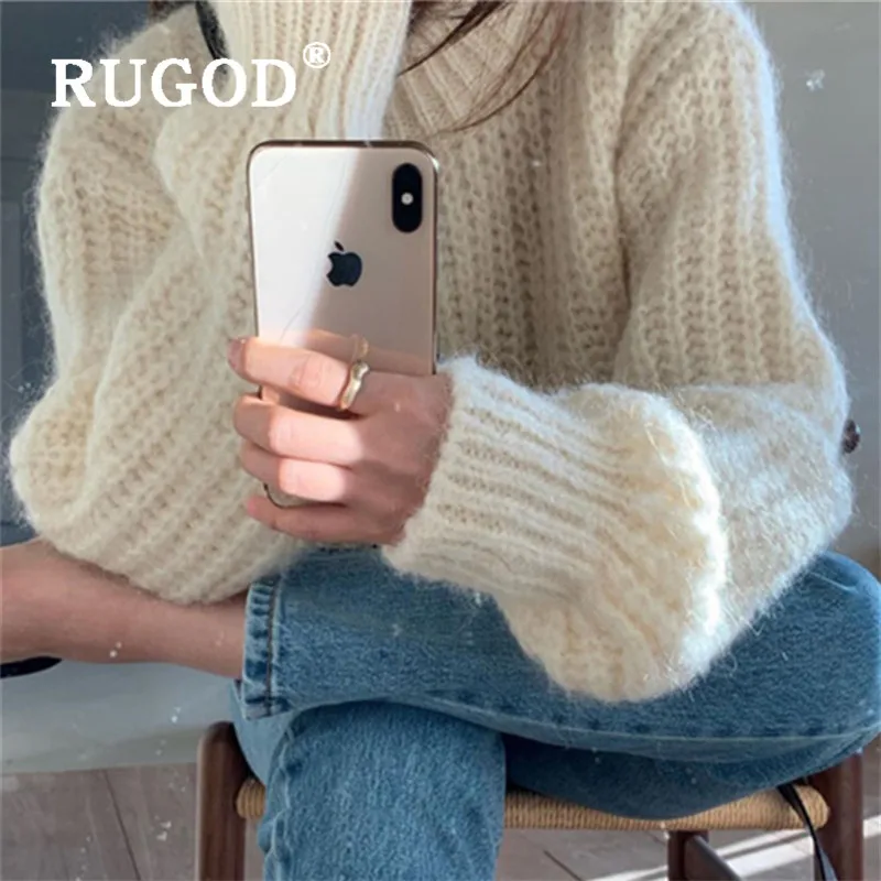 RUGOD New winter warm sweater pullovers for woman o neck loose thick knit pull fashion female casual basic tops korean | Женская одежда
