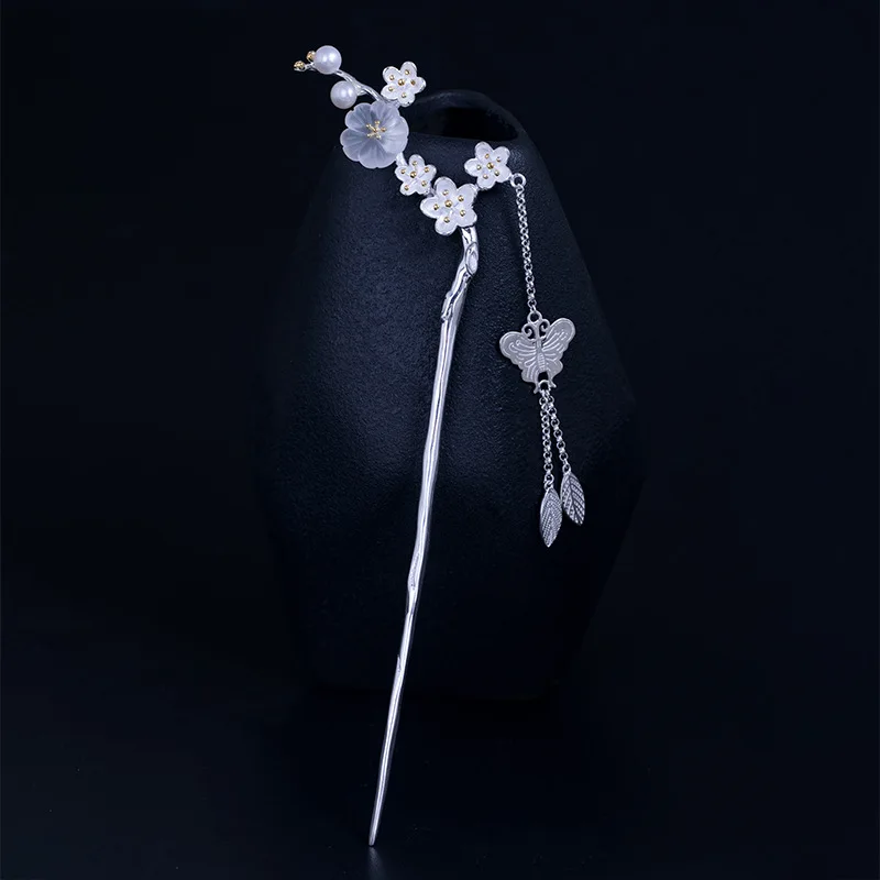 

BOTOHO Crystal Hairwear Jewelry 925 Sterling Silver Vintage Hair Forks Hairpins Plum Blossom Butterfly Pearl Tassel Hair Sticks