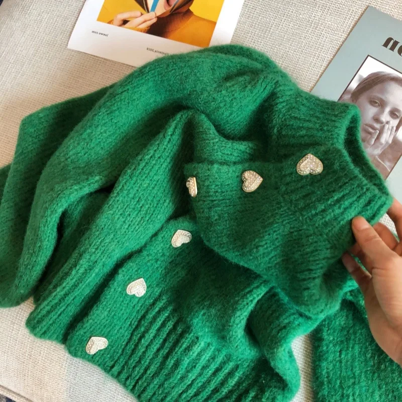 

Nowssa Knitted Sweater Autumn Women Cardigan Open Stitch Green Letters Loose Sweaters Fall Heart New Sweaters for Women 2021
