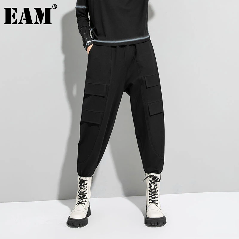 

[EAM] High Elastic Waist Black Long Casual Harem Trousers New Loose Fit Pants Women Fashion Tide Spring Autumn 2021 1DE2205