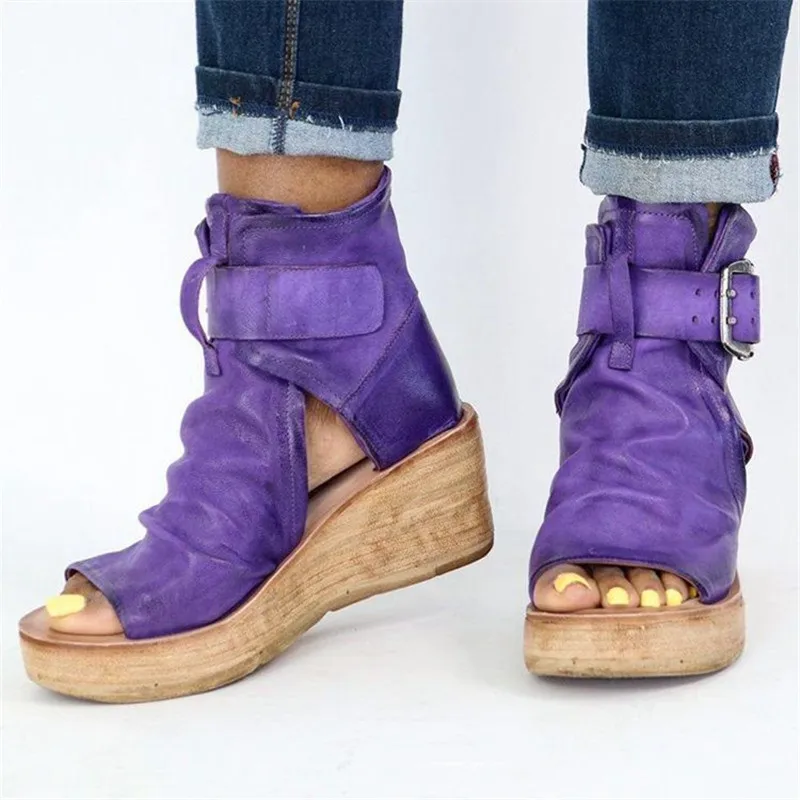 

2021 Summer New Women's Wedge Peep Toe Sandals Fashion Retro Buckle High Heels Thick Bottom Hollow Female Skirt Single Shoes