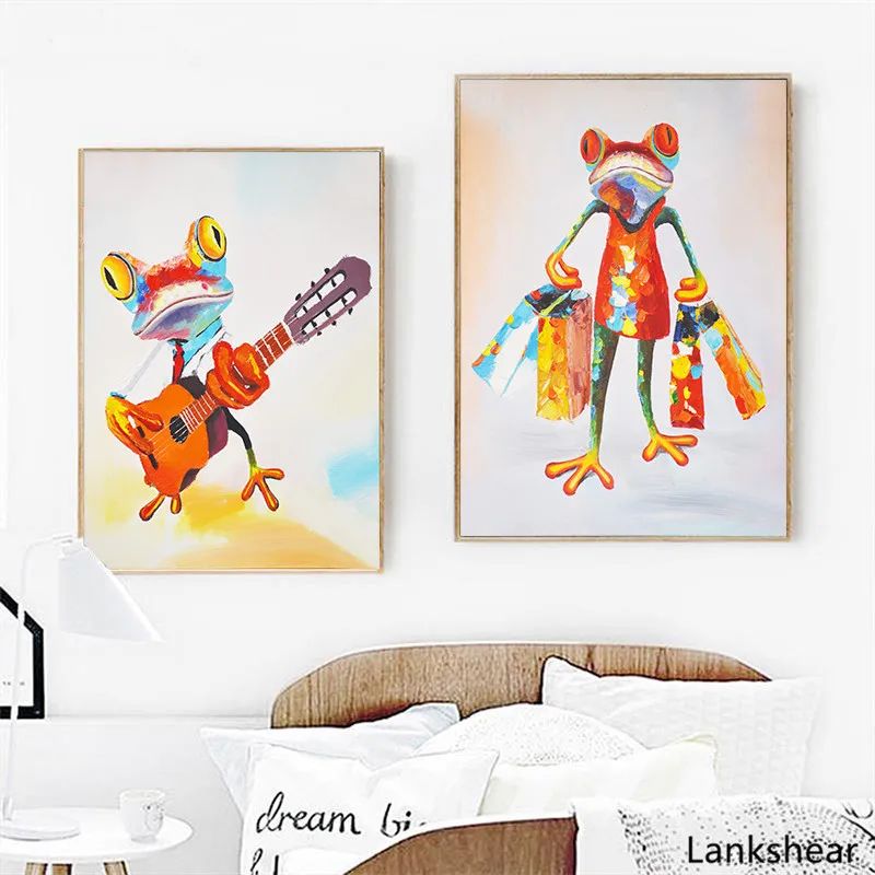 Colorful Frog Playing Piano Guitar and Shopping Child Wall Poster Canvas Art Print Painting Kids Decoration Picture Bedroom | Дом и сад
