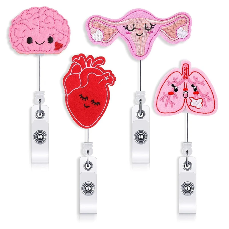 

NEW-4 PCS Badge Reel Holder Retractable Cute Badge Clip Felt Uterus Lung Heart Brain Badge Alligator Clip for Nurse