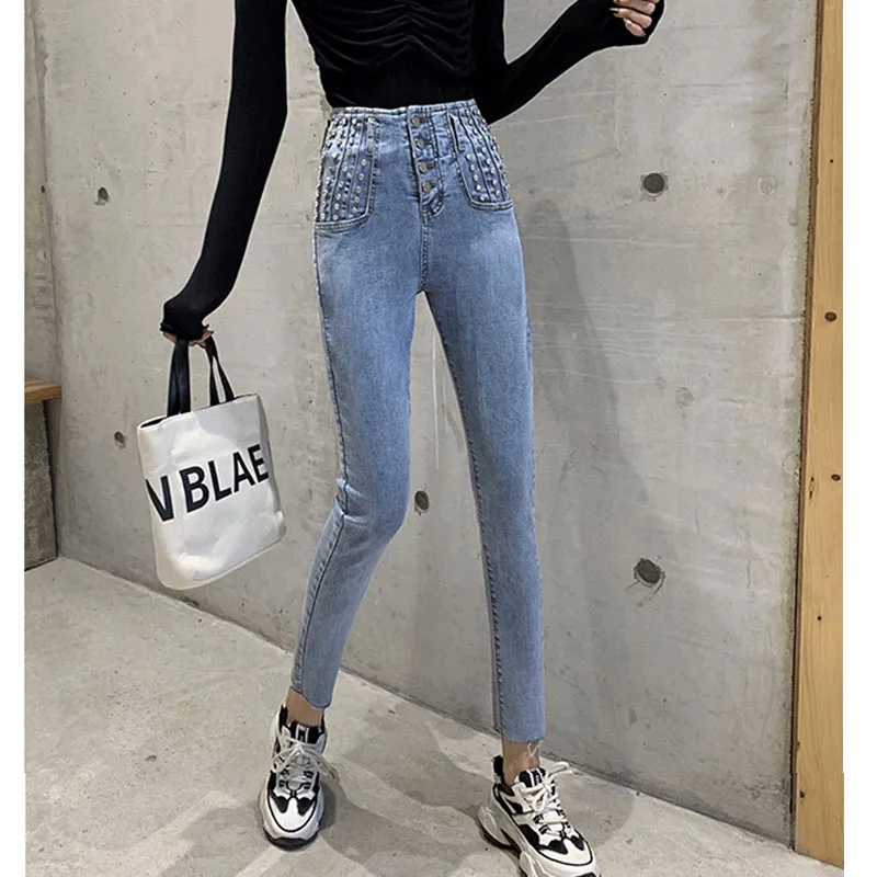 2020 Spring Women Jeans Pencil Pants High Waist Womens Skinny Mom Buttons Blue Elastic Denim Heavy Rivet | Женская одежда