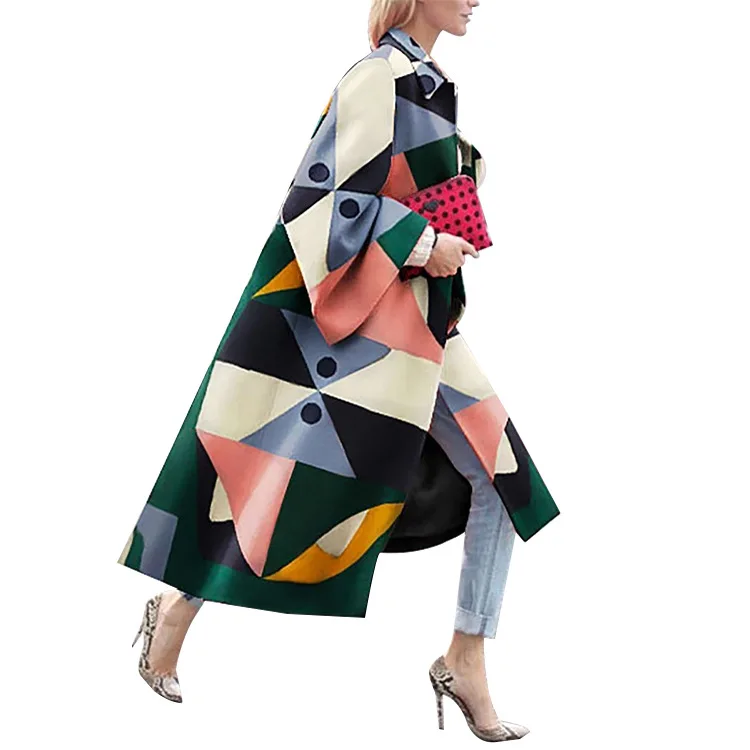 Coat Woven Polyester Real Sale New Arrival Full Casaco Feminino Women's 2020 Geometric Pattern Color Stitching Loose Long Women | Женская