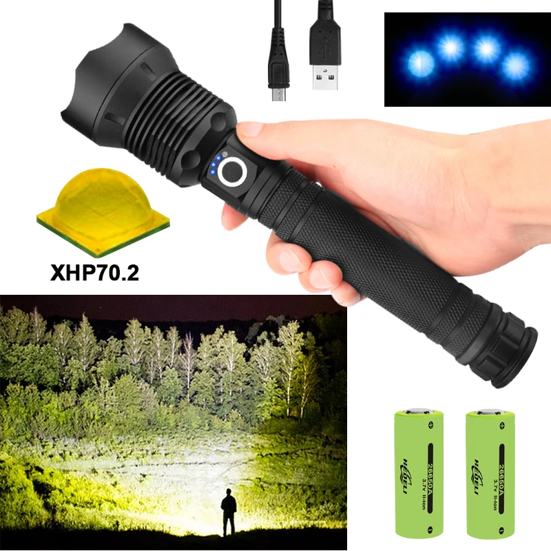 Мощный светодиодный фонарик тактический зум XHP70.2 XHP50 Rechargeable18650 или 26650 зарядка от