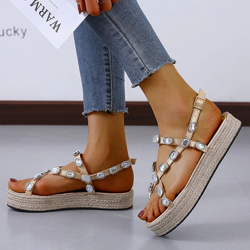 

New Women Flat Ankle Strap Sandals Summer Crystal Rome Ladies Rhinestone Platform Women Glitter Sandals Shoes