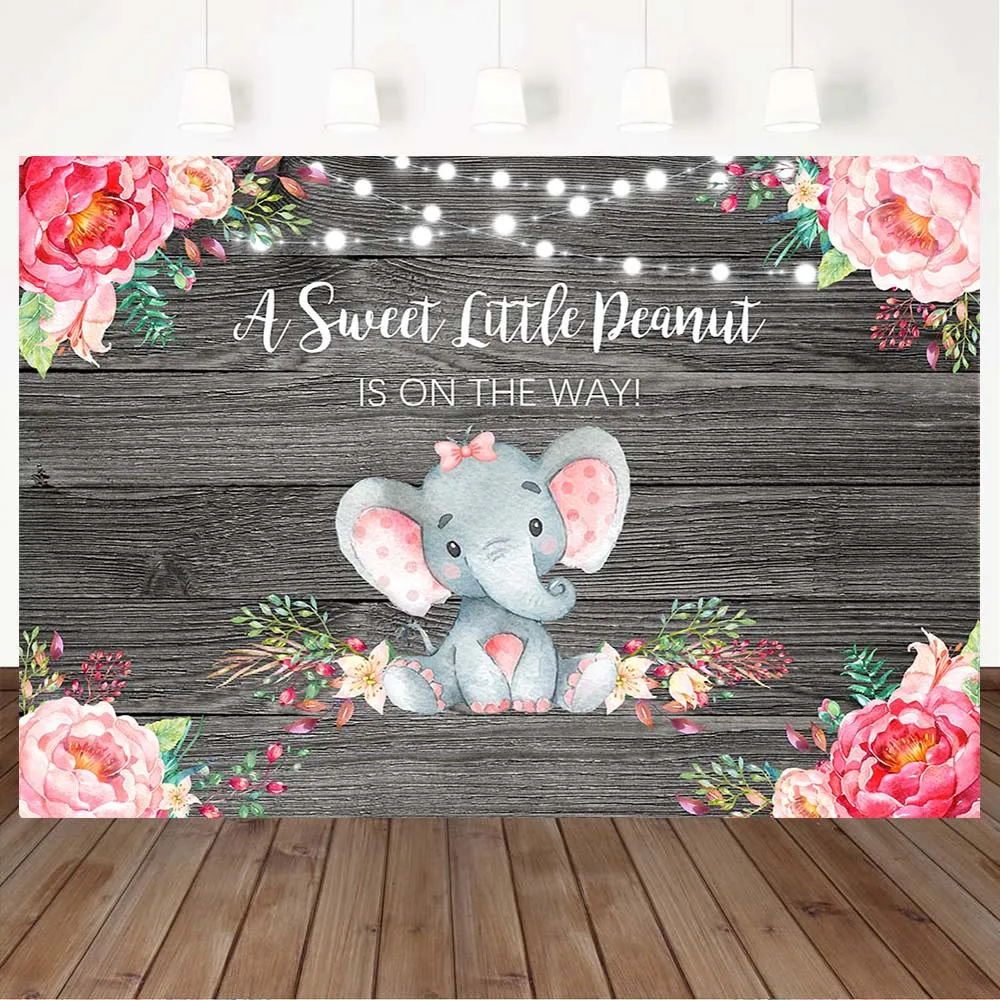 

Mocsicka Baby Shower Wood Backdrop A Sweet Little Peanut Is On The Way Photography Background Elephant Flowers Photocall Props