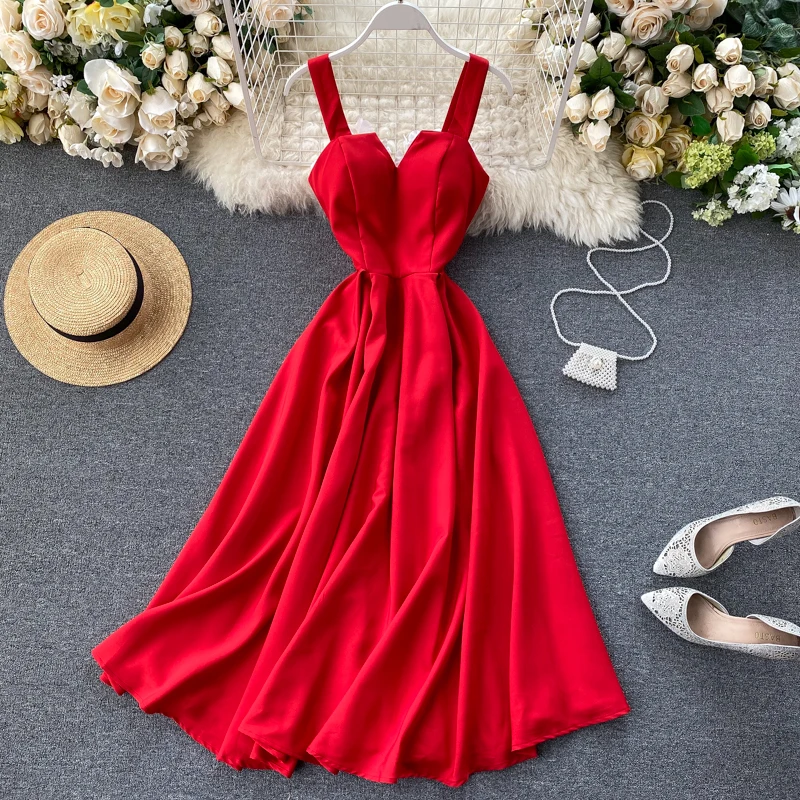 

Retro Women Midi Dress 2020 New Summer Spaghetti Strap Sexy V-neck Slim A-line Bodycon Dresses Ladies Red Party Robe Clothes