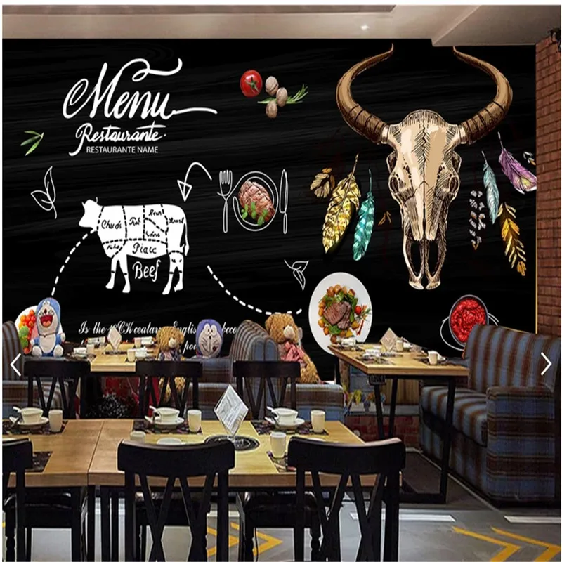 Пользовательские Настенные обои 3D черная ручная роспись стейк Вестерн Ресторан