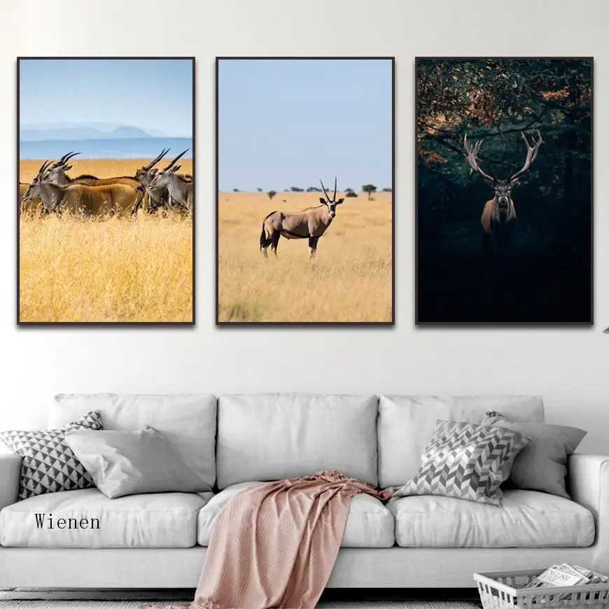 

Modern Style Animal Antelope Art Poster Nordic Grassland Scenery Canvas Painting and Print Wall Picture Living Room Zoo Decor