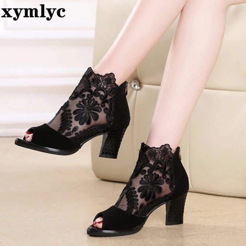 Летние сетчатые сандалии с открытым носком пикантные тонкие туфли на каблуке