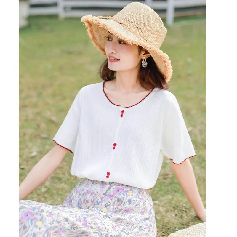 

Chic Khaki 2021 New Half Sleeve Ice Silk Sweater Women's Summer Loose Striped Top Student V-neck Short-Sleeved T-shirt Fashion