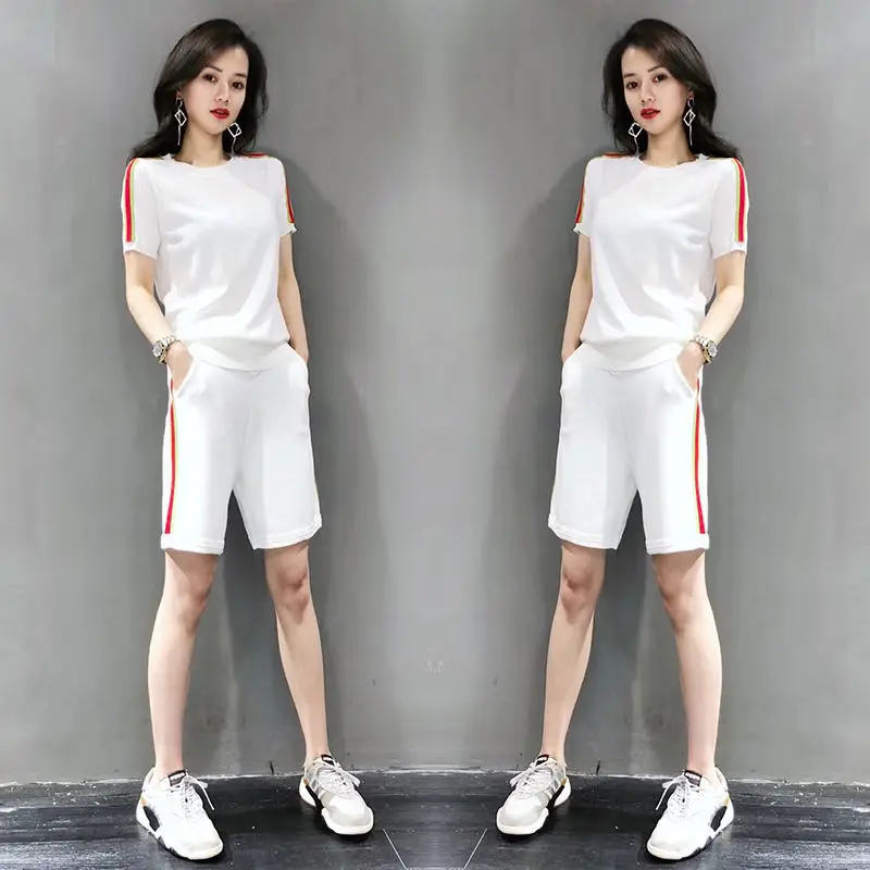 

Sportswear women's summer solid color new short sleeve girls' loose running casual shorts two piece set