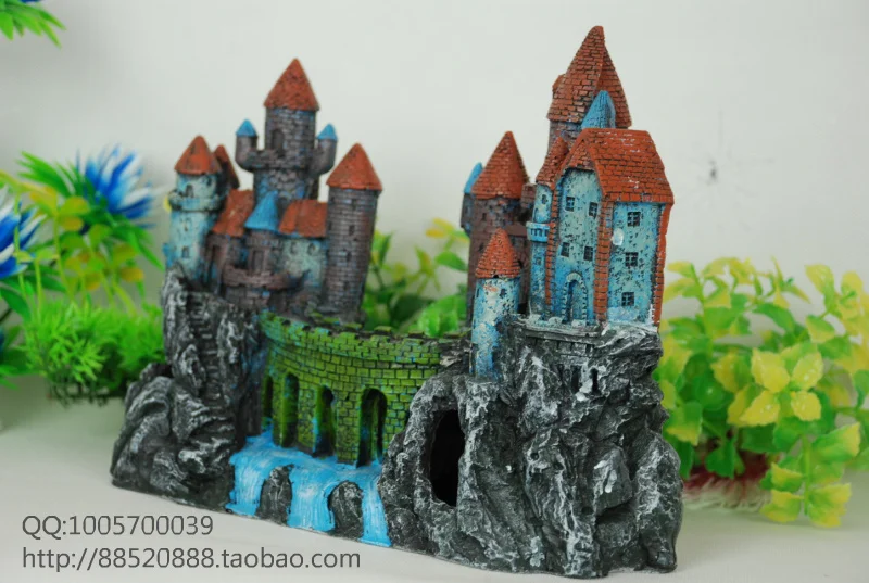 Украшение для аквариума, древний замок L26cm* W10cm* H19cm, украшение из смолы с отверстиями для плавания рыбы