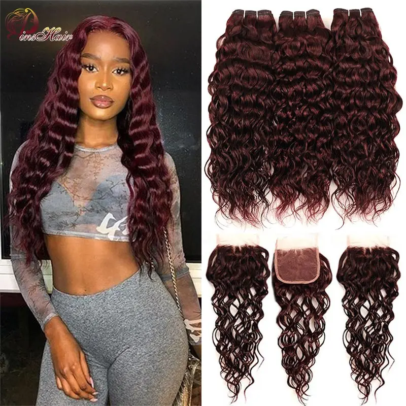 Бразильские вплетаемые волосы 3 пряди с закрытием темно красные волнистые