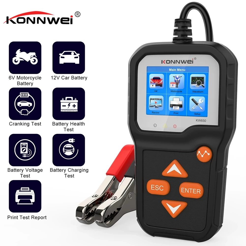 

KONNWEI KW650 Motorcycle Car Battery Tester for 6V 12V 100 to 2000 CCA Battery Analyzer Quick Cranking Charging Diagnostic Tool