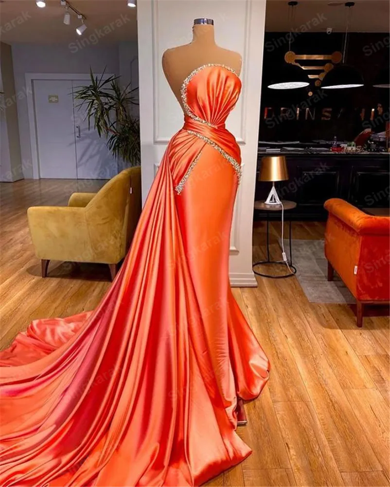 

Дубай Русалка атласное вечернее платье 2021 со стразами, платье с разрезом для выпускного вечера без бретелек Подметальные вечерние платья д...