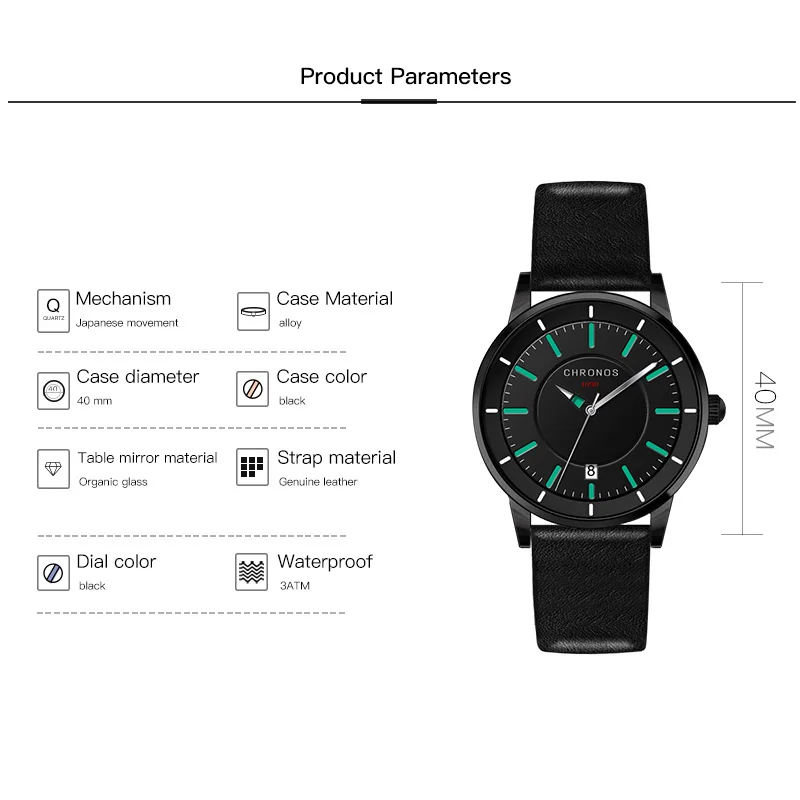 Мужские часы CHRONOS черный кожаный ремешок водонепроницаемые Классические