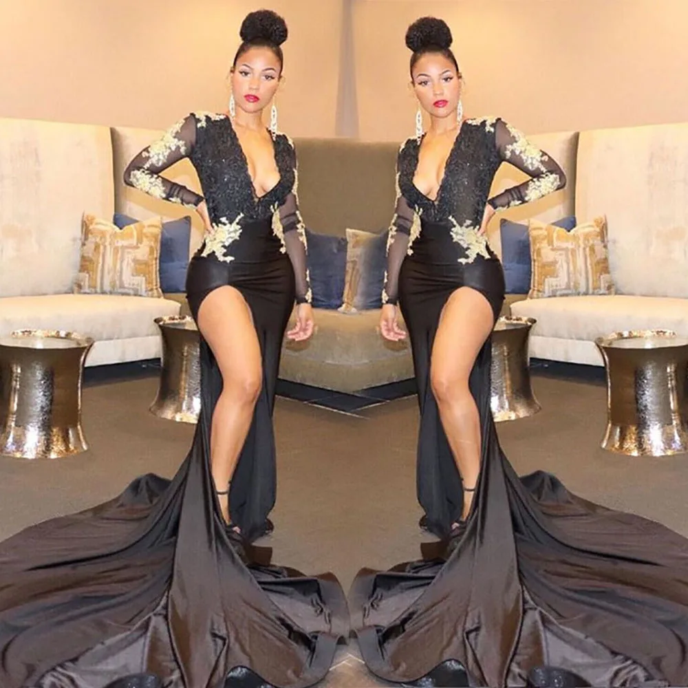 

Thigh-High Slits Black Mermaid Evening Wrap Beaded Trumpet Formal Dresses V-Neck Long Sleeve Ball Prom Party Gown