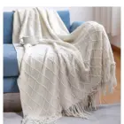Бежевое вязаное одеяло в скандинавском стиле для дивана, плед с кисточками в стиле бохо на кровати, диван, плед для путешествий, одеяло для сна и ТВ, мягкое полотенце для кровати в клетку
