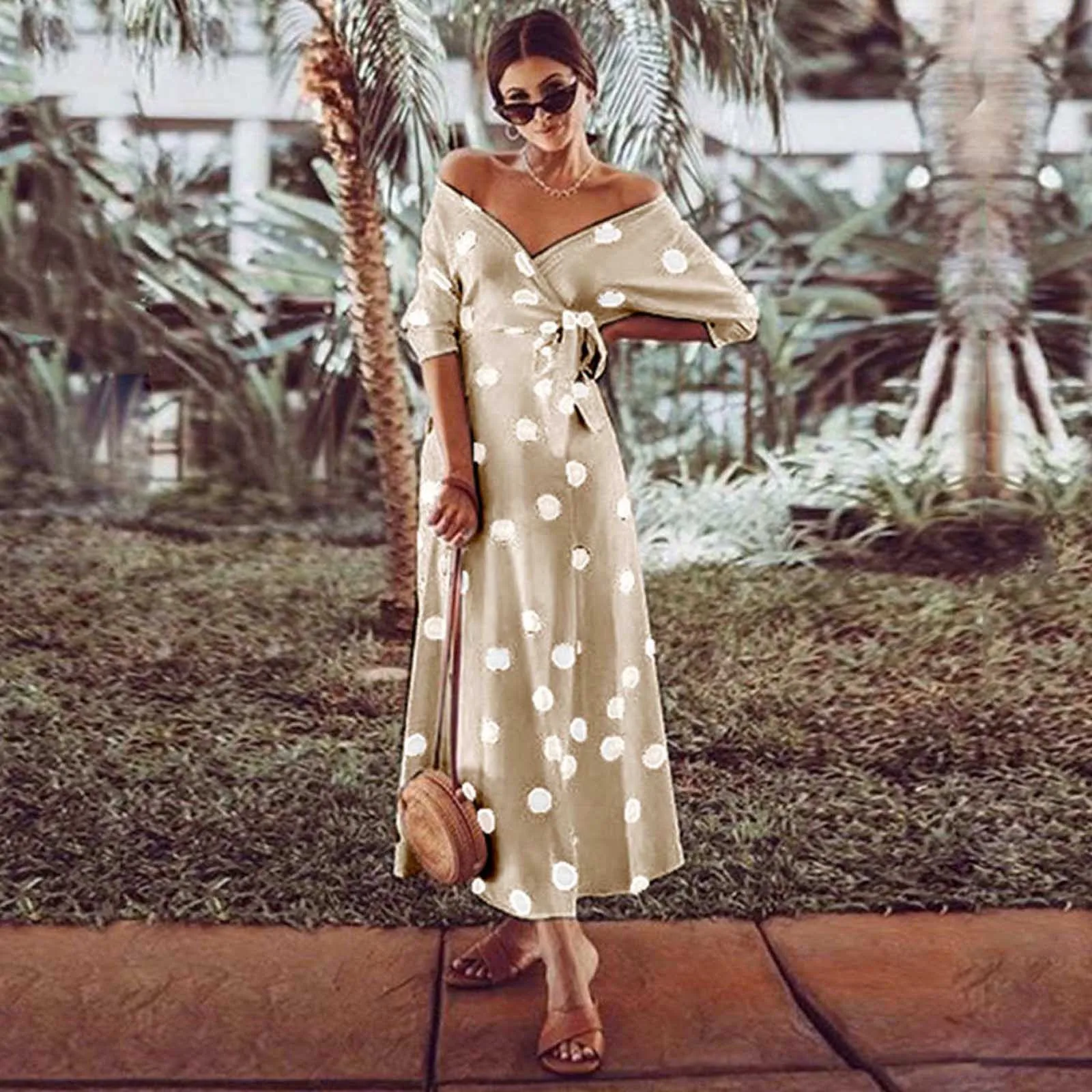 Summer Fashion Polka Dot Print V-neck Off Shoulder Dress Summer Polka Dot Print V-neck Off Shoulder Dress Vestidos De Mujer