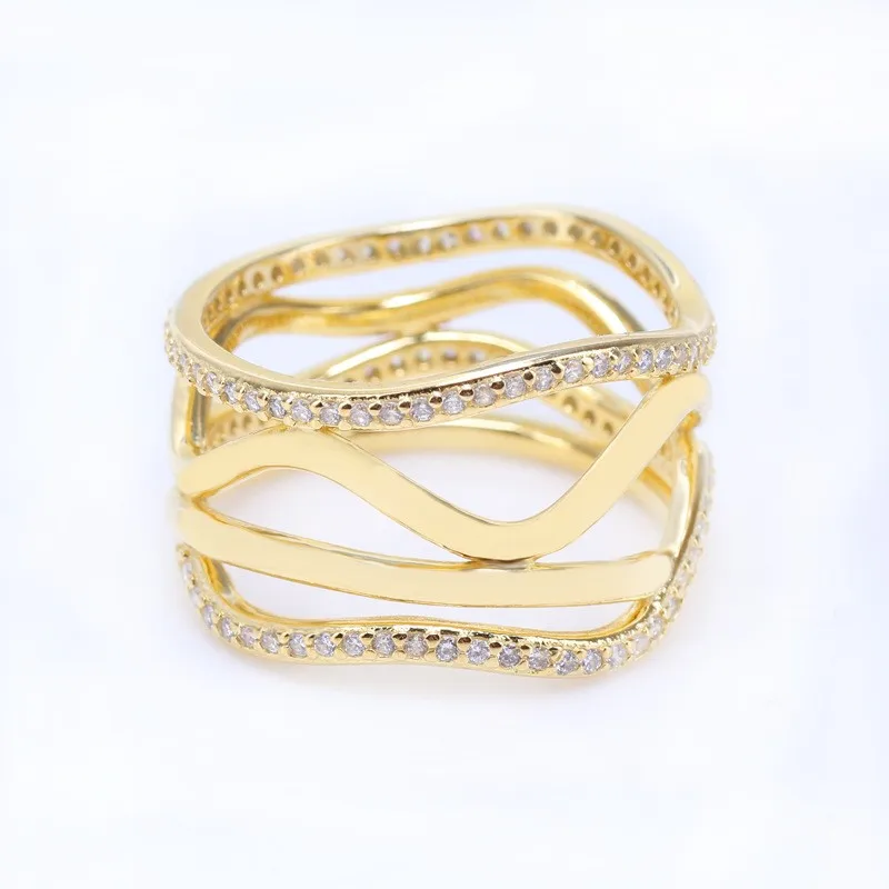 

100% 925 Sterling Silver Pan Ring Classic Swirling Lines And Gold Ring For Women Wedding Party Gift Fashion Jewelry