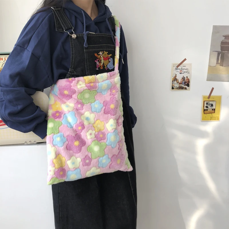 Новая хипстерская пушистая сумка с цветами милая Студенческая на плечо Большая