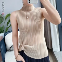 lanmrem pleated summer new slim sleeveless vest high collar top women loose casual solid color female simple clothing 2d3747