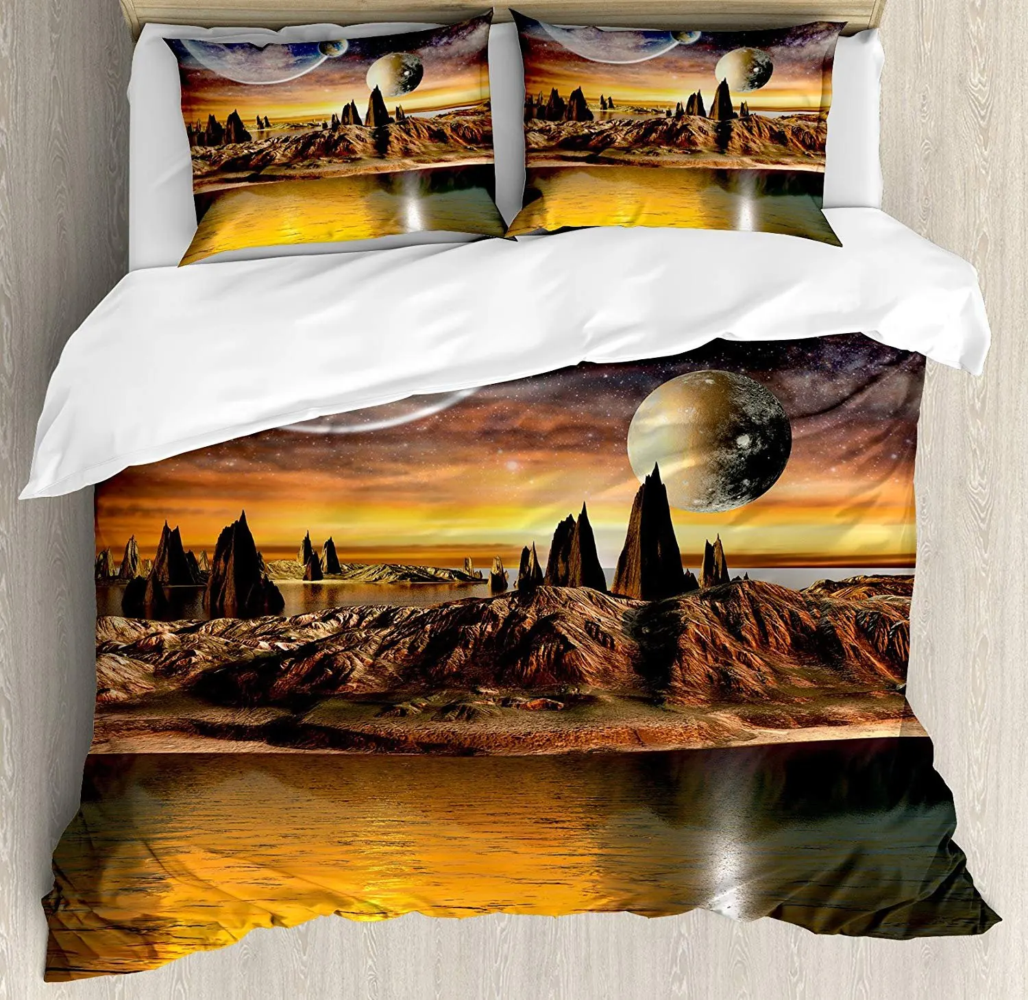 

Fantasy Bedding Set Alien Planet with Earth Moon and Mountain Fantasy Sci Fi Galactic Future Cosmos Art Duvet Cover Pillowcase