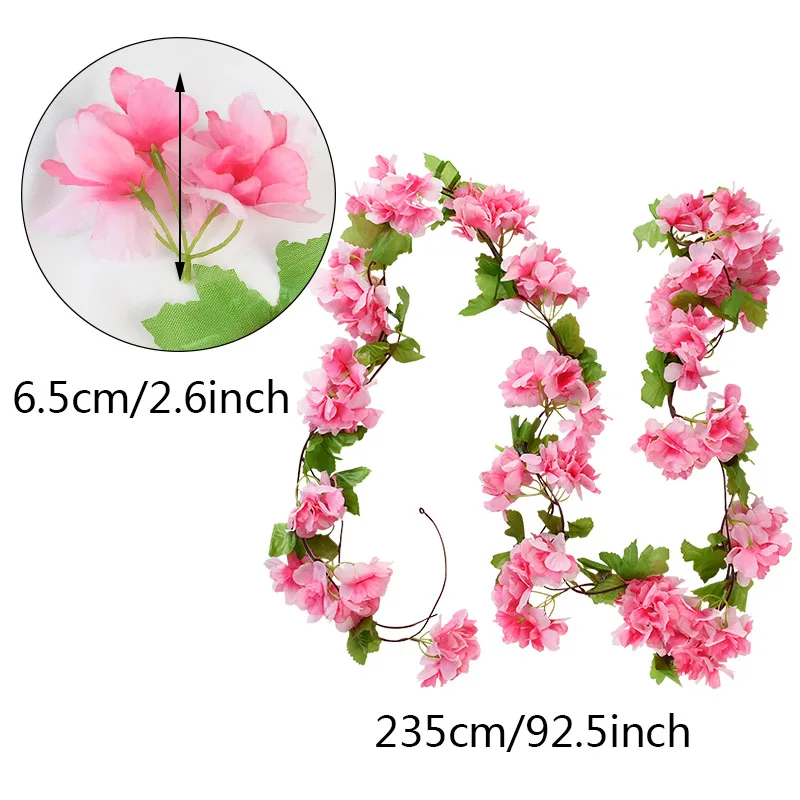 225cm Artificial Silk Flower Vine Pretty Pink Cherry Blossom Rattan Green Leaves String Garland for Wedding Home Decoration | Дом и сад
