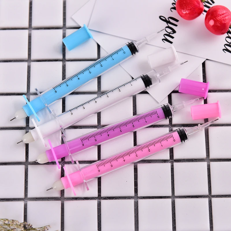 

1x Syringe Pen Stationery Ballpoint Pen Automatic Refillable Ballpen Bullet 0.38mm
