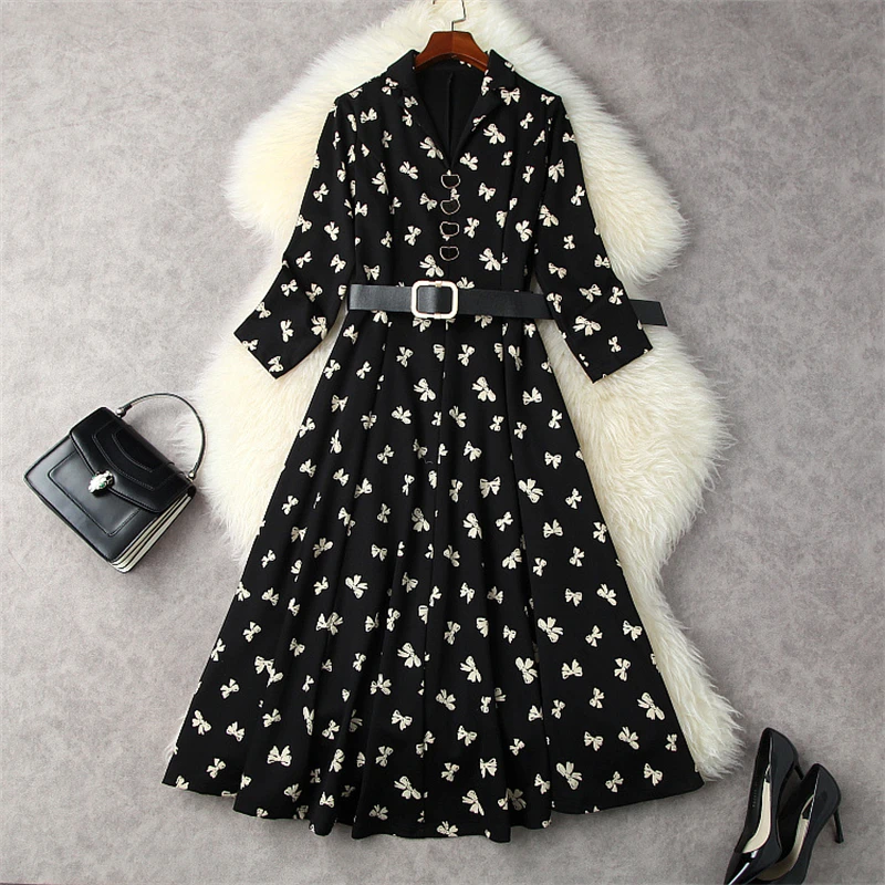 

2021 Fashion Runway Designers Autumn Winter Bow Print Midi Dresses for Women Wrist Sleeve Belted Casual Vintage Vestidos Black