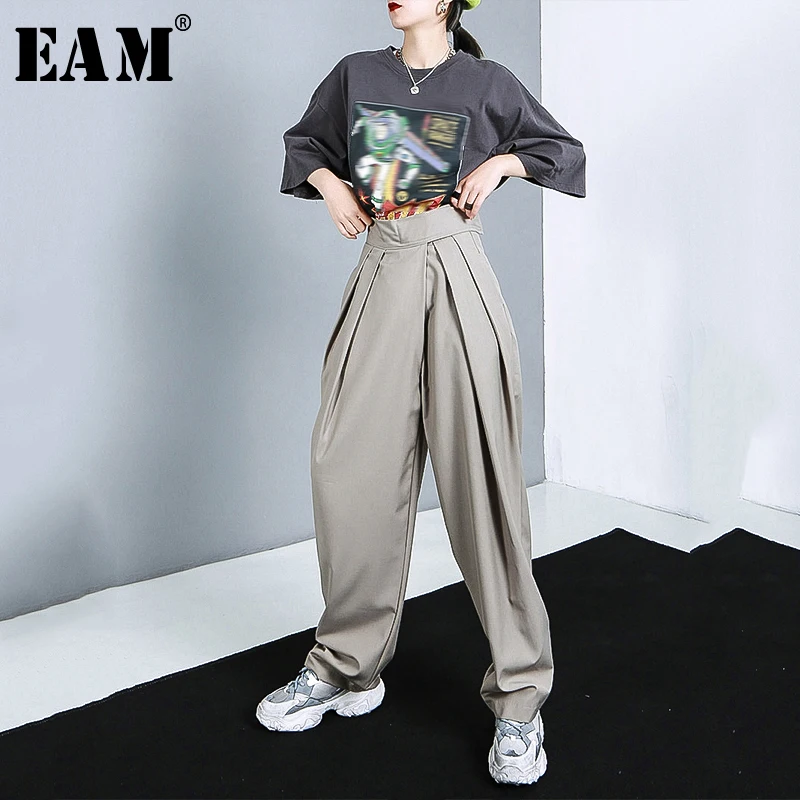 

[EAM] High Waist Army Green Pleated Long Wide Leg Trousers New Loose Fit Pants Women Fashion Tide Spring Autumn 2022 1R774