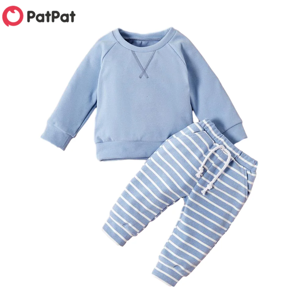 

Однотонный топ и полосатые штаны PatPat, 2 шт., Детские повседневные полосатые детские комплекты унисекс