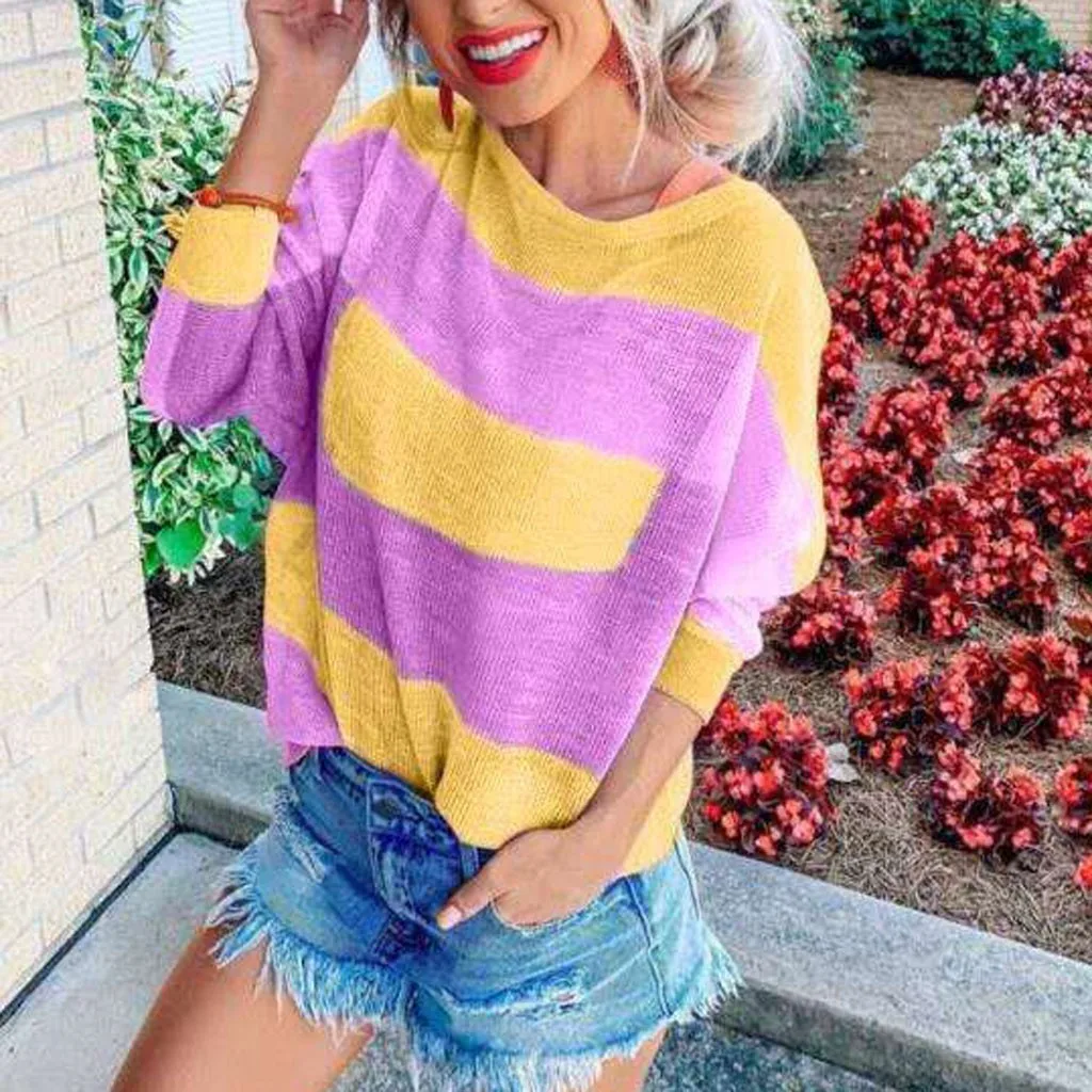 Женская Повседневная футболка в полоску Лоскутная с круглым вырезом длинным