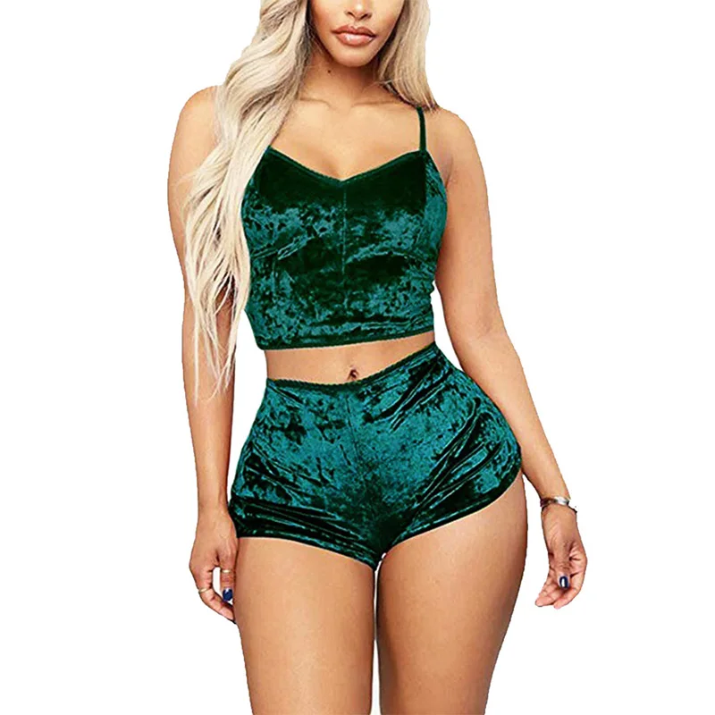 

2021 Velvet Brown Pajamas Set Cami Tops Shorts Women Nightwear Autumn Spring Summer Home Suit Ladies Sleepwear Nightgown