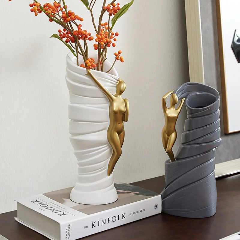 

Luxury Resin Gold Vase Abstract Art White Gray Desktop Flowers Living Room Layout Modern Home Decoration Table Decor Female New